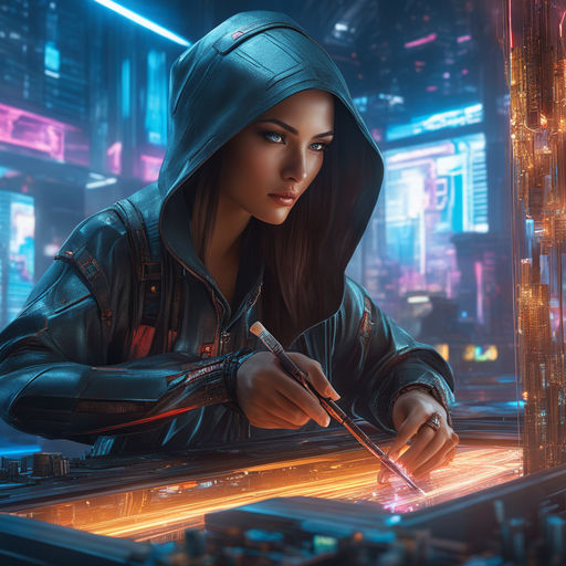 Cyberpunk, girl, workstation, neon, space, fish-eye view