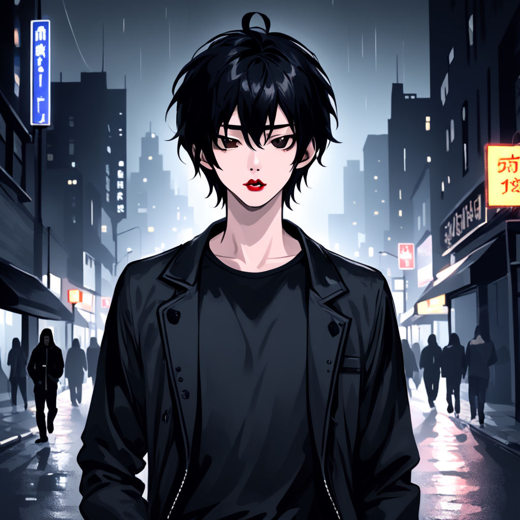 Anime gith femboy with short black hair, purple eyes, wearing a black latex  jacket, choker around neck, detailed face, outdoor cafe setting, sunny  evening on Craiyon