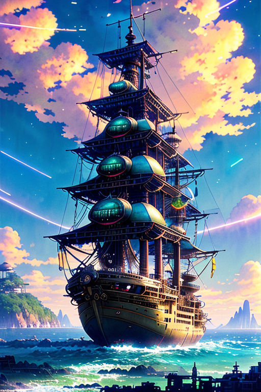 Anime city, one piece , landscape view, boat in ocean, ultra rea... -  Arthub.ai