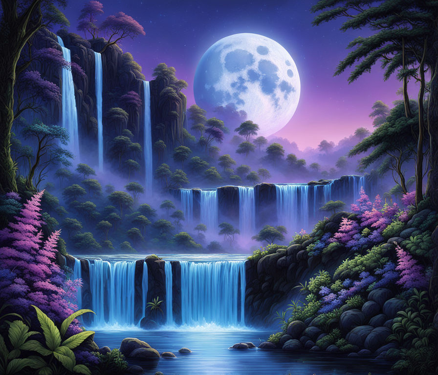 Aetherclockpunk Serenity: Moonlit Waterfall and Colorful Scenery