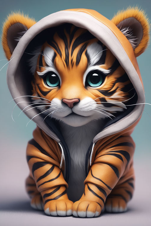Um lindo tigre bebê hiper realista de kawaii vestindo roupas de hip hop  fundo da cidade