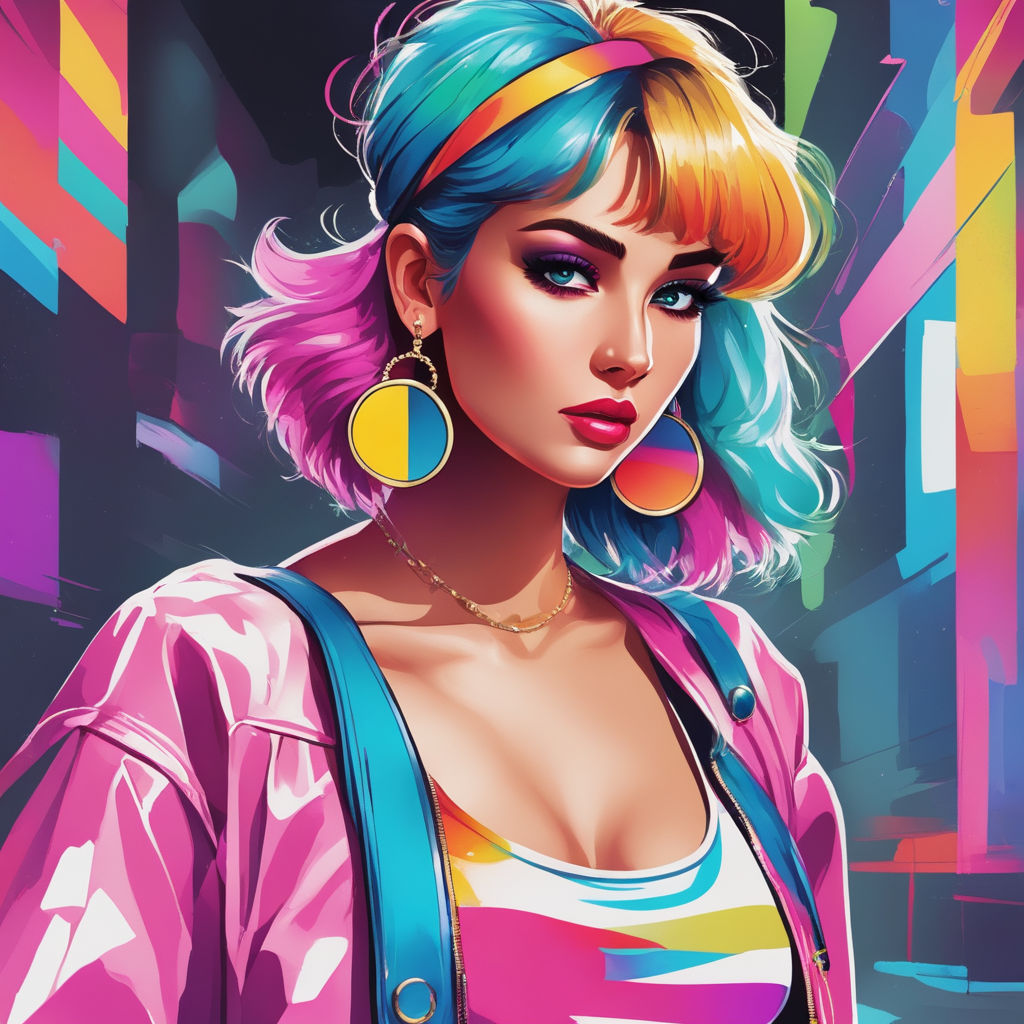 high details Fashion girl with bubble gum bubble. 80s retro style  ilustration - Playground