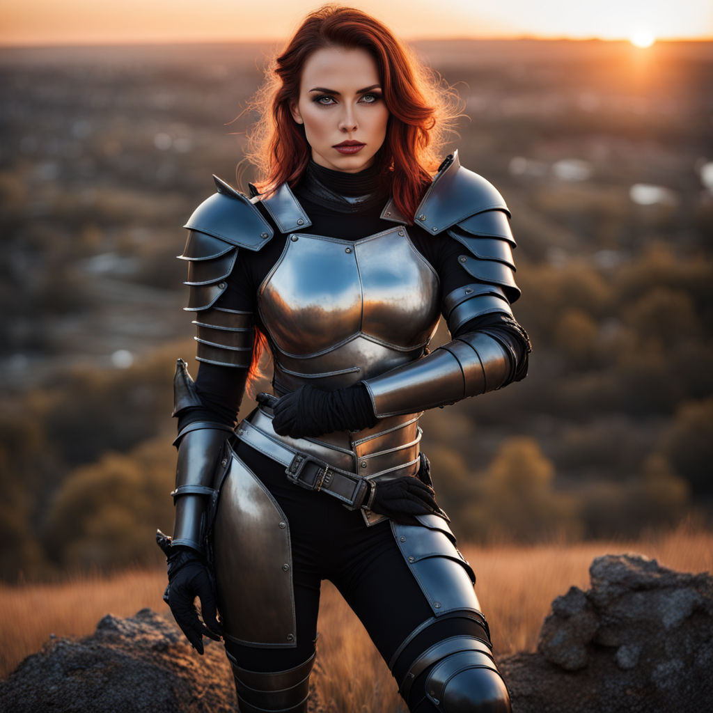 beautiful redhead curvy girl, Armor, castle background