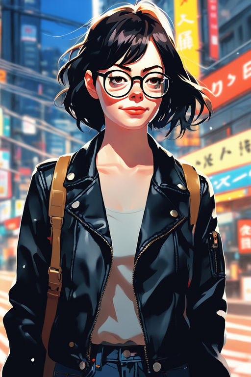 Lexica  Anime screenshot girl with short brown wolf cut hair with brown  eyes and round glasses cyberpunk room landscape on the background deep  bok