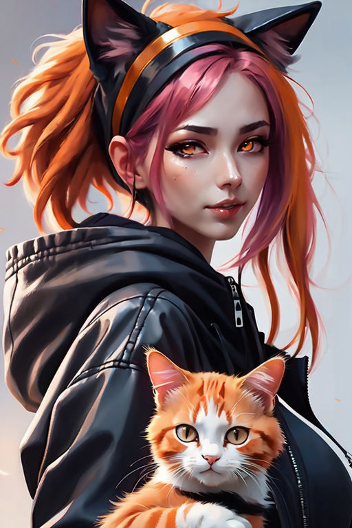 Premium Photo  Cute Anime cat girl with cat ears and a tail