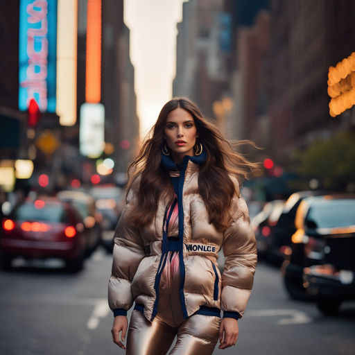 Well lit fashion portrait in a cold snowy day of a woman wearing a metallic  inflatable oversized bubble puffer jacket designed by moncler and  balenciaga, in desert sharp focus, clear, intricate, cinematic