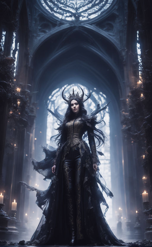 Gothic Cathedral ruins at twilight frames a statuesque demoness acting as  the Queen of Shadows\