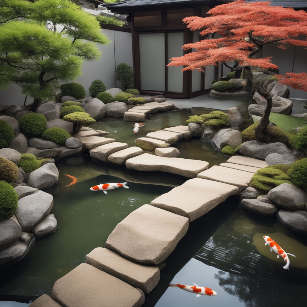 Premium Photo  A tranquil zen garden with a small pond bonsai trees and  raked sand patterns