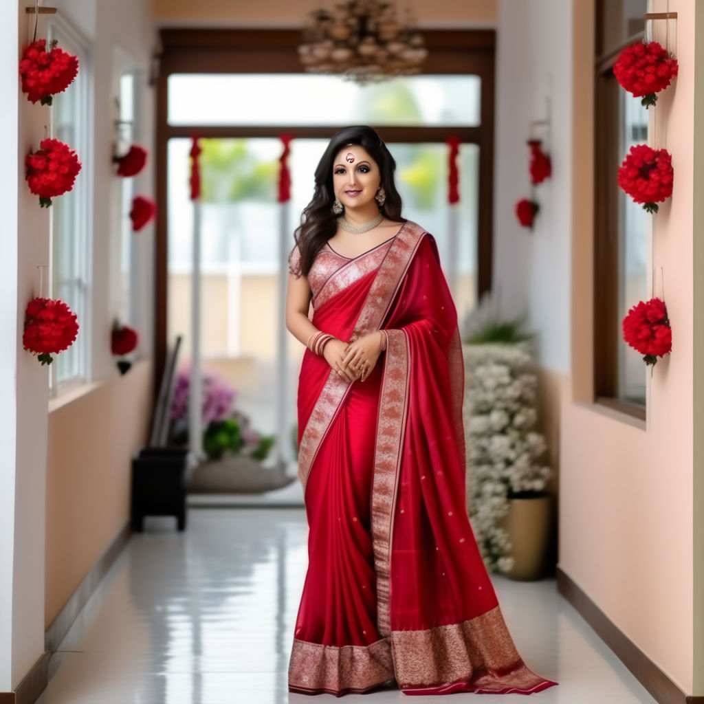 Sultry plus size well endowed full figured size 44 Bengali woman in  transparent red chiffon saree deep cuts sleeveless halter bustier wide deep  neck blouse size 44 in front of blackboard. - Playground