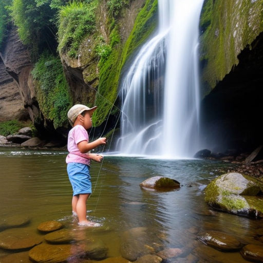 A DSLR photo of a woman fly fishing in a serene mountain stream