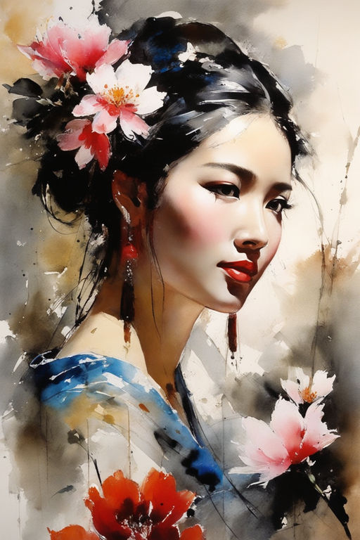 Chinese Ink Painting Style of a Beautiful Girl Character