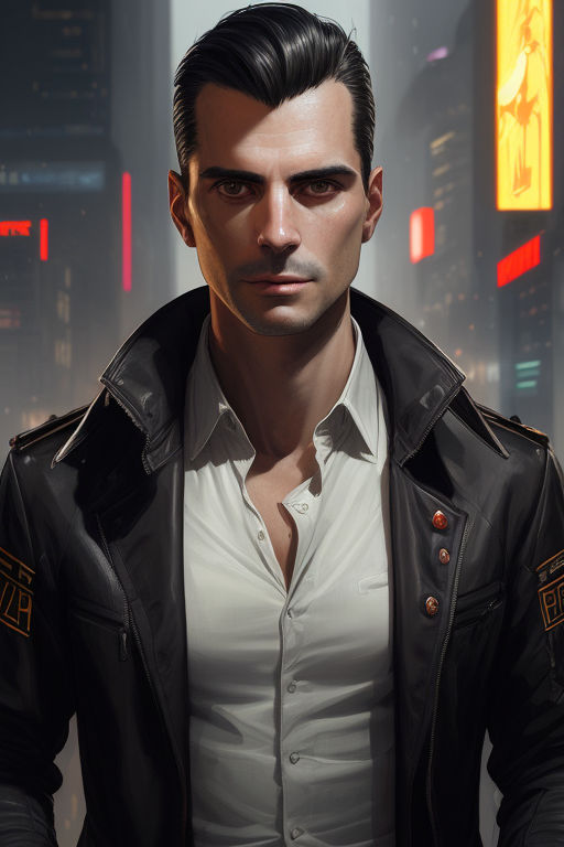 Man with dark medium hair cyberpunk mercenary streetwear muscular soldier  fighter