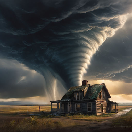 Anime tornado on a field in a hurricane with black sky digital art