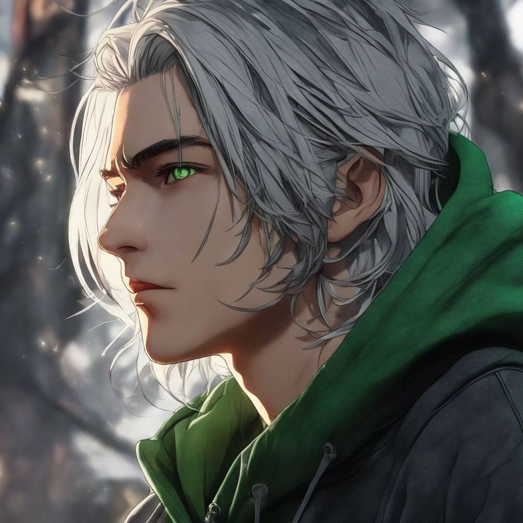 anime boy with white hair and green eyes