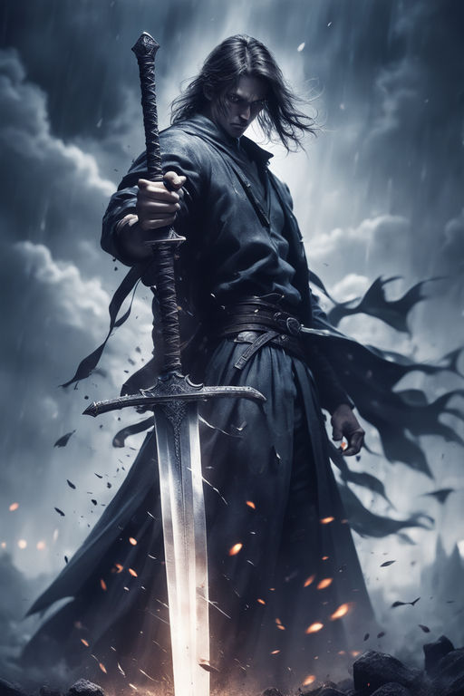 A dark anime character wielding a black sword with an enigmatic aura