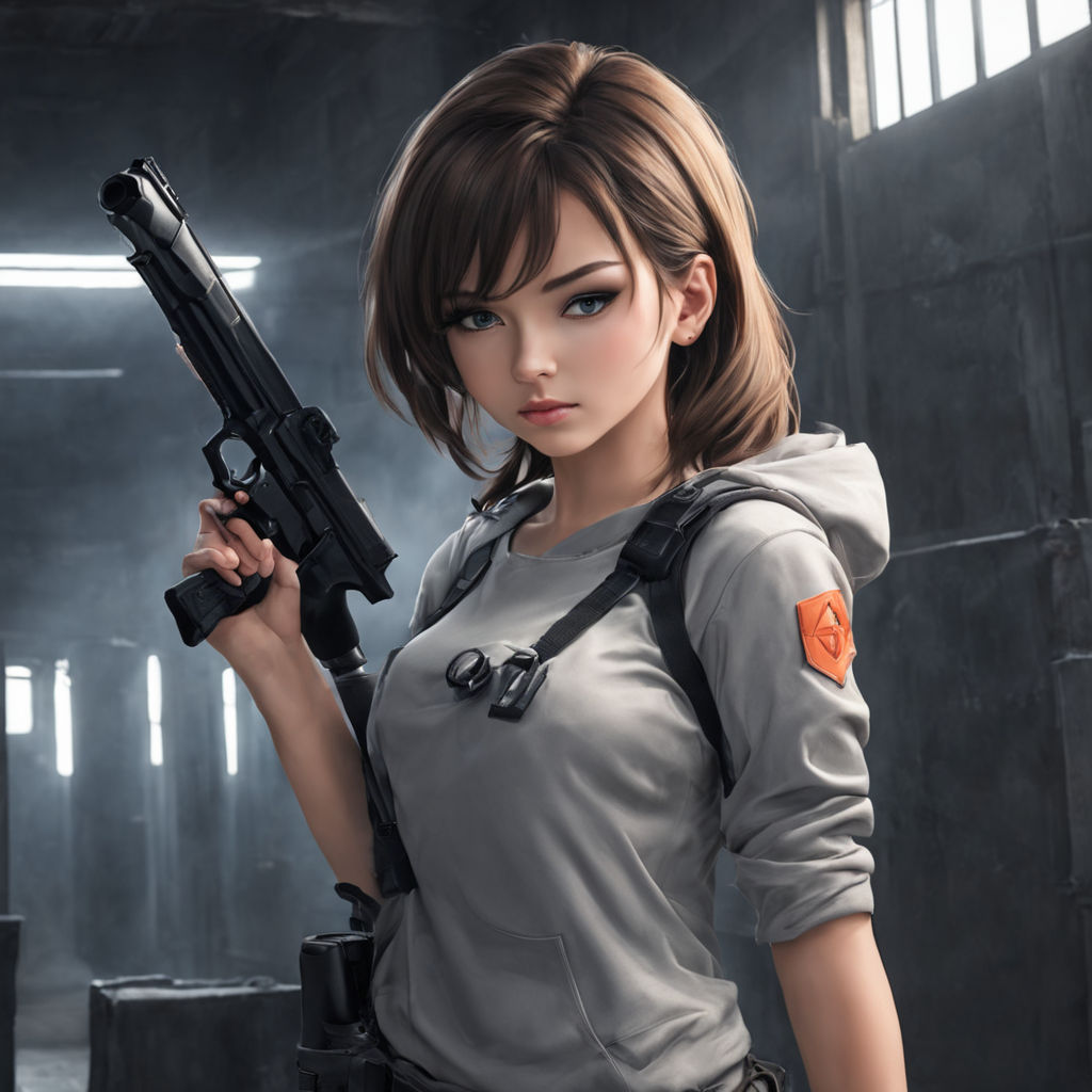 Anime girl play with gun and firing a bullet cute