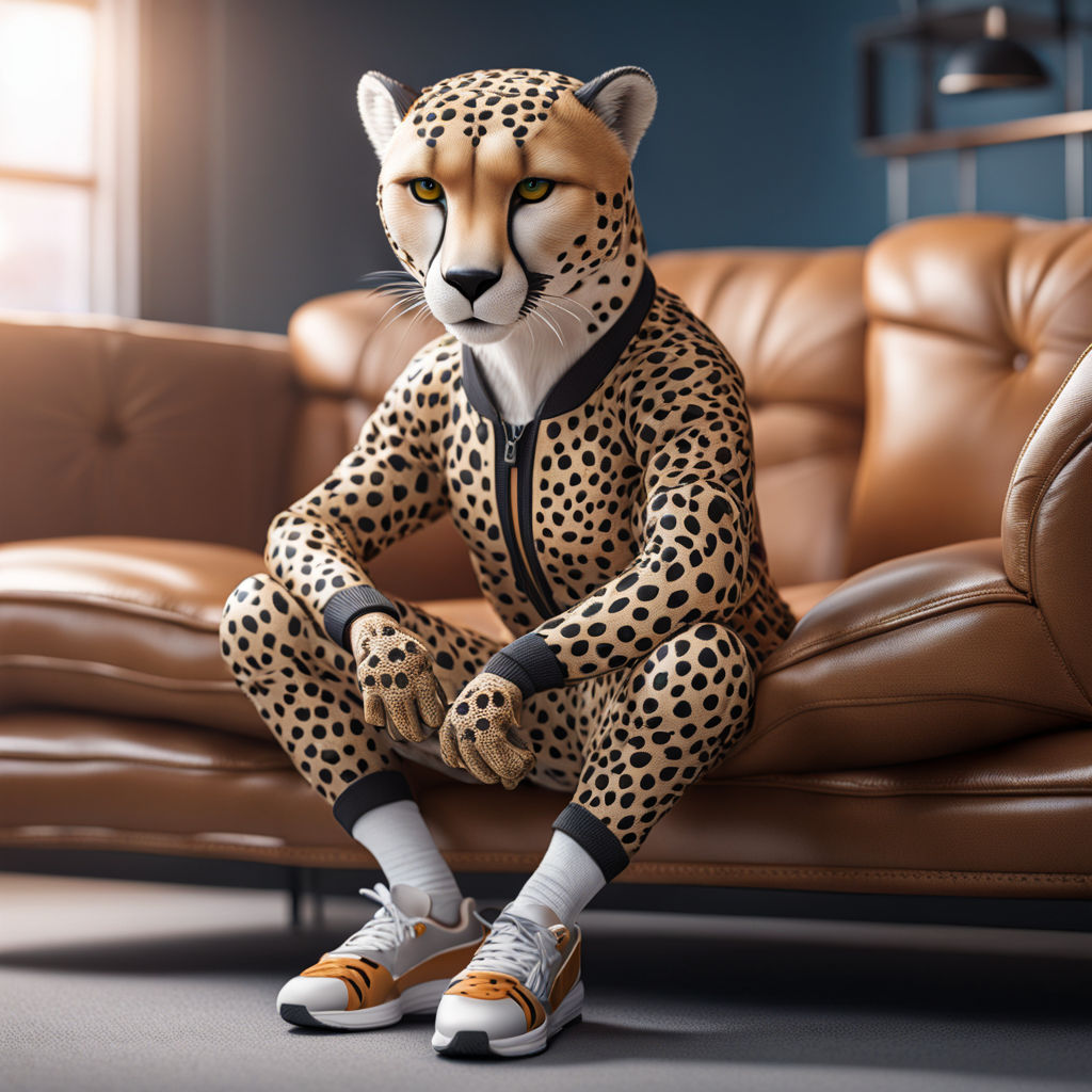 Anthropomorphic cheetah, furry, wearing sports clothes, wearing