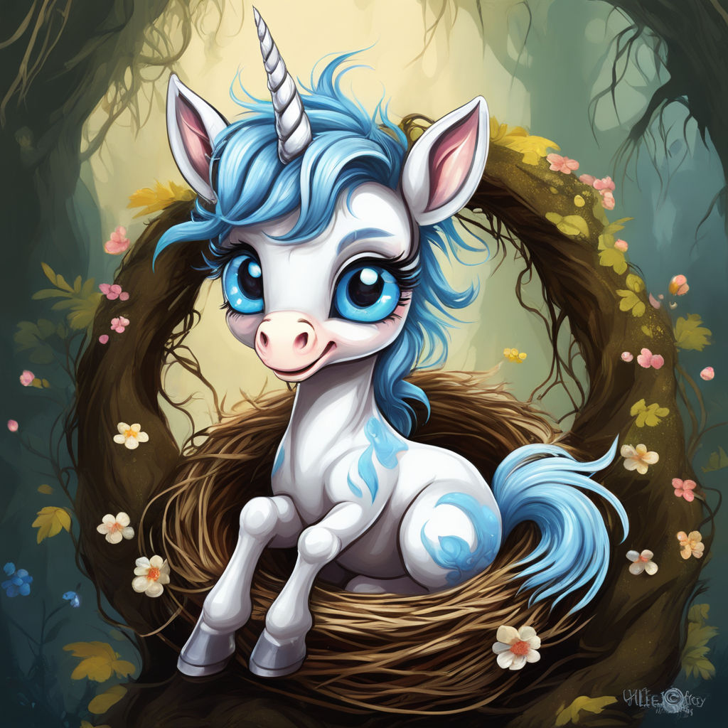 Cute chibi style fluffy unicorn with golden horn and rainbow mane on Craiyon