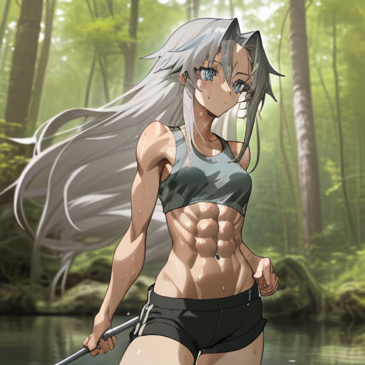 6-pack, abs, toned female, biceps, strong woman, big boobs, flexing,  muscles, muscular, anime girls, artwork, bikini