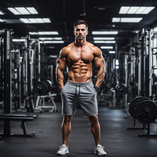 Well defined muscles due to working out to develop musculature in a strong  athletic man at his abdomen or belly, chest and arms showing great abs  Stock Photo