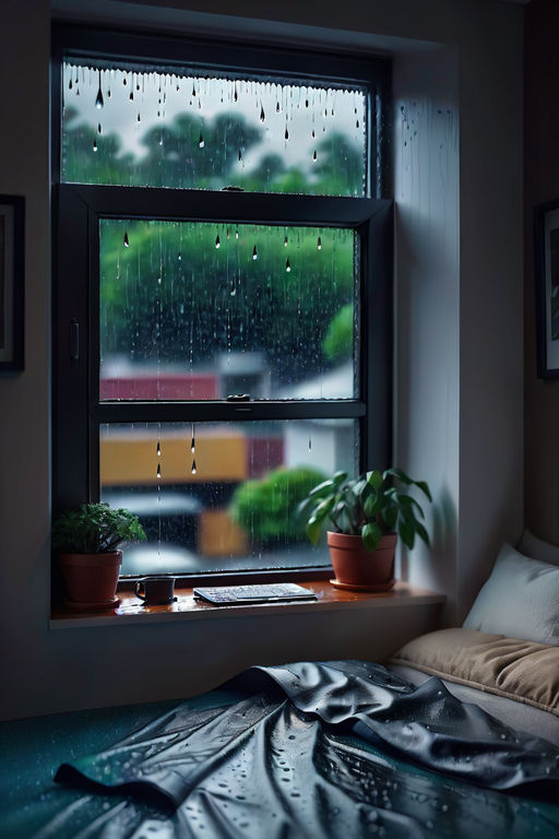 prompthunt: dark photo of dark blue rainy bedroom window at night