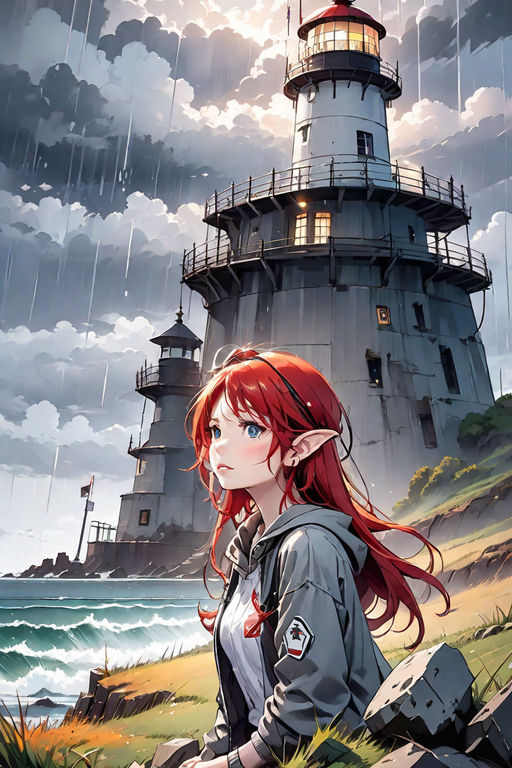 Anime Oceanshore Lighthouse, pixel art- Nostalgic summer