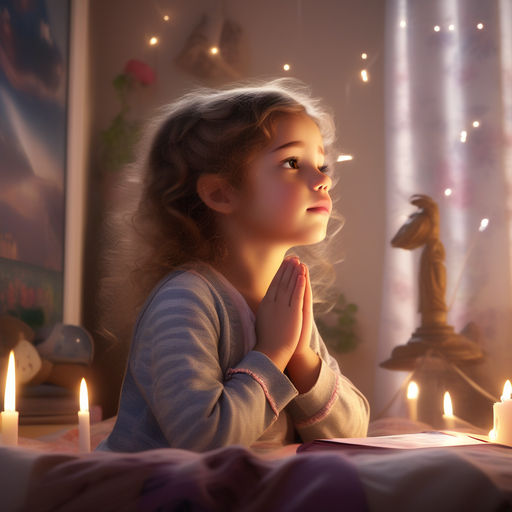 cute small girl praying in the church and Jesus giving blessing