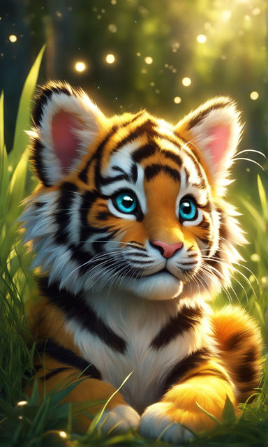 adorable cutie baby tiger with huge eyes acrtoon, hyperealistic, kawaii,  watercolor, savanah background - AI Generated Artwork - NightCafe Creator