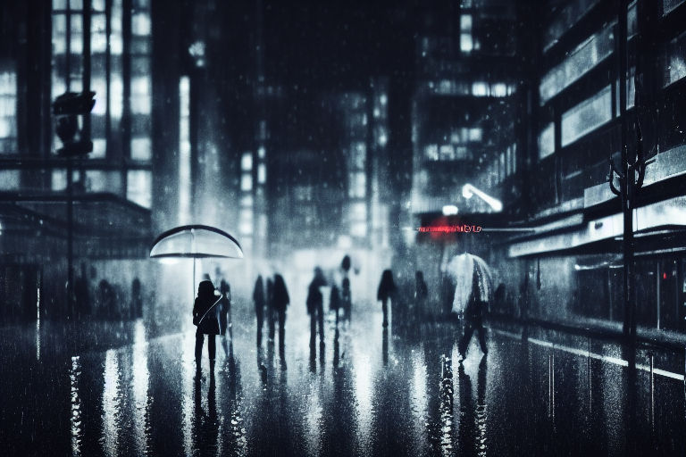 Prompt: rainy day, buildings, grey sky, people going to work, light,  cloudy, raining, city, big raindrops, , neon ambiance, abstract black oil, gear mecha, detailed acrylic, grunge, intricate complexity, rendered in unreal engine, photorealistic