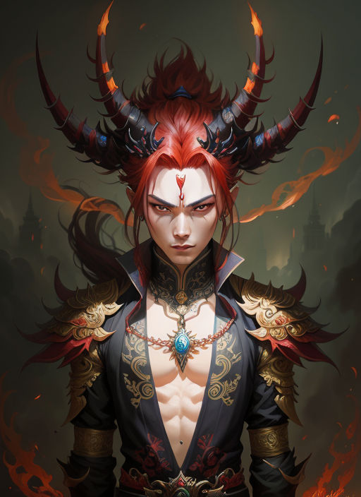 AI Art Generator: Anime boy with grey hair and demon horns, red eyes and a  black and red kimono