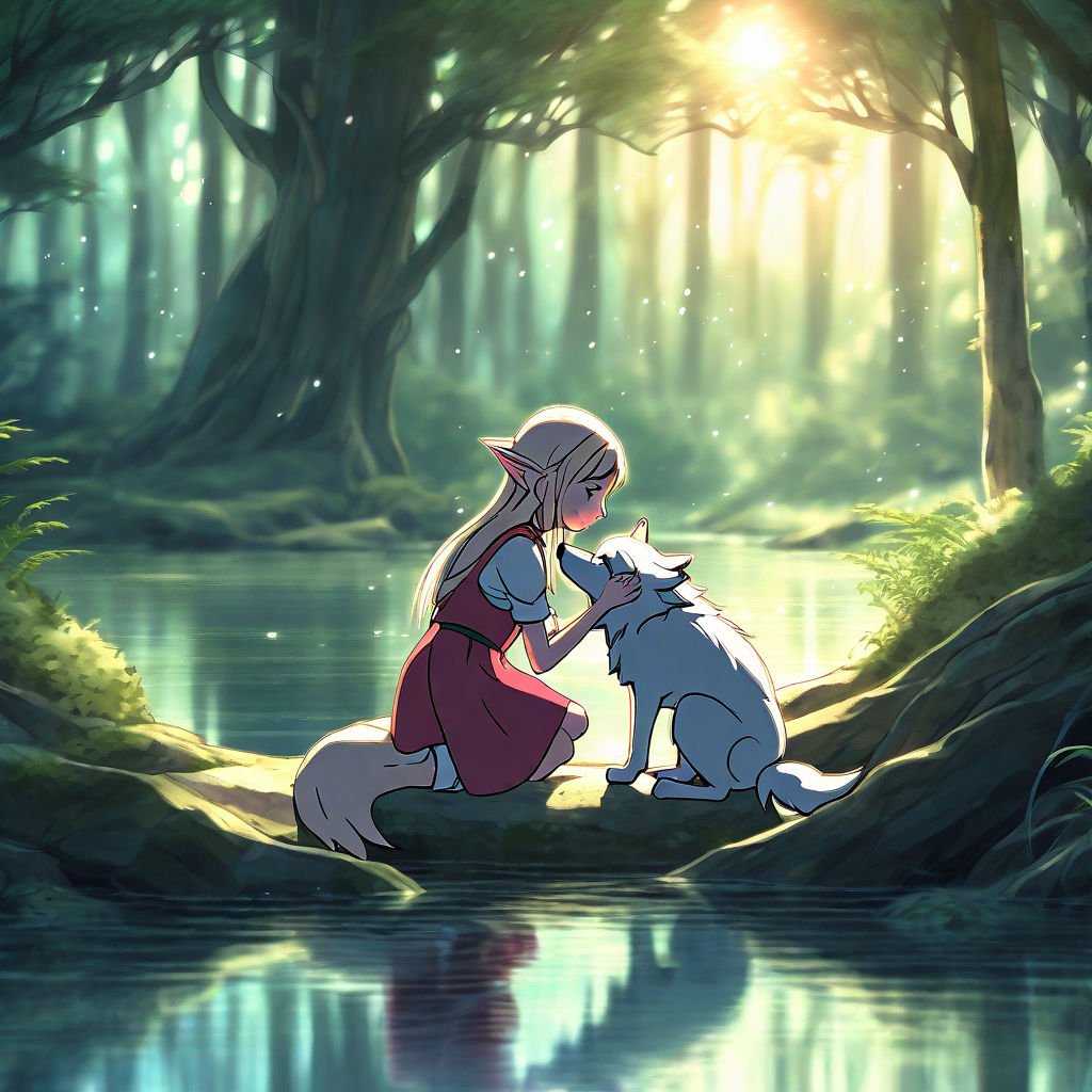 anime girl hugging wolf