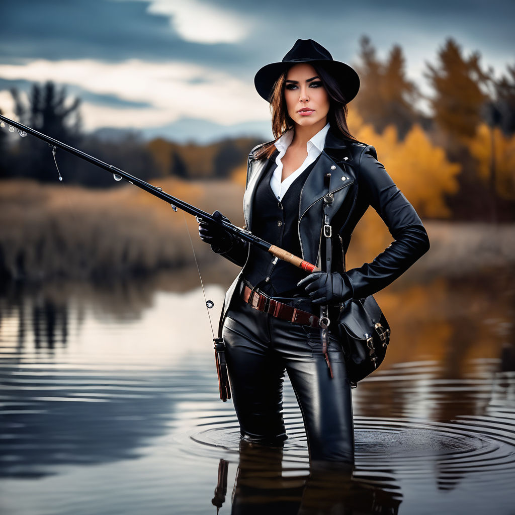 A DSLR photo of a woman fly fishing in a serene mountain stream