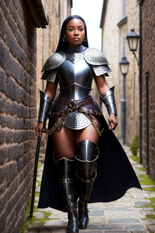 dressed in a medieval black female armor - Playground