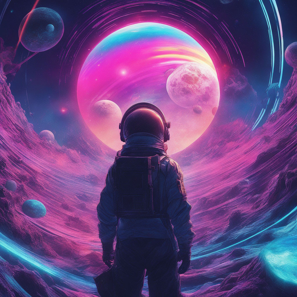 Synthwave spaceman gazing at vibrant space scene