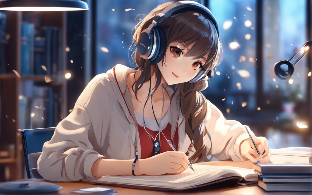 anime girl listening to music with brown hair