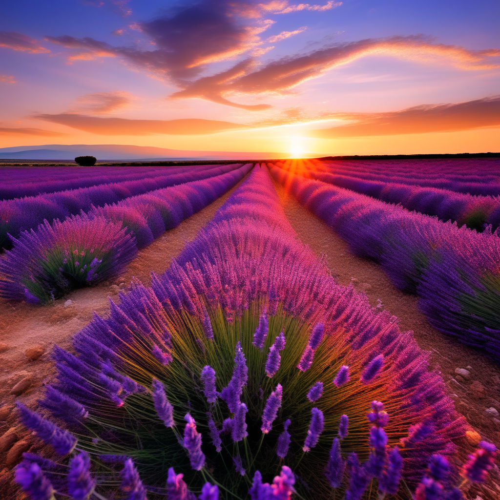 Download Lavender Field Under Peach Dusk Skies Wallpaper