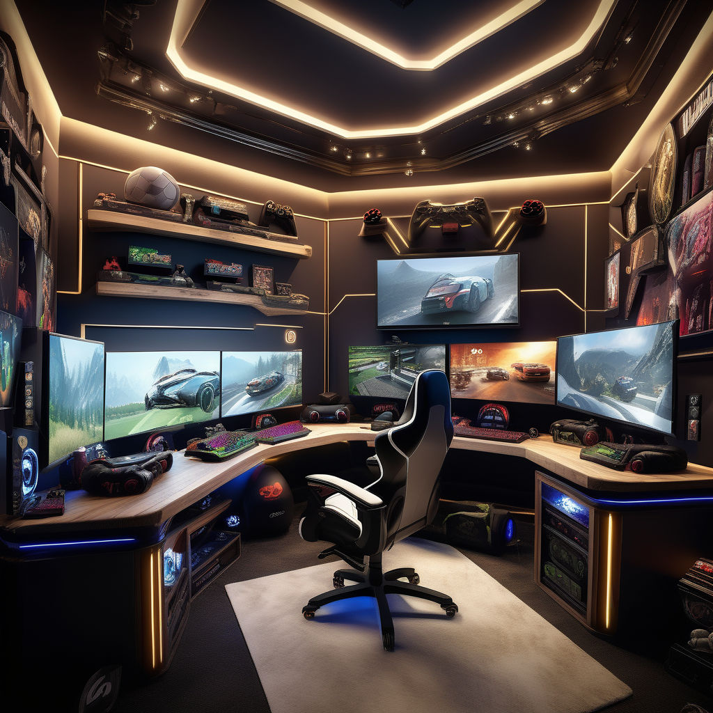 Spectacular gaming room interior, gaming pc, gaming desk, game