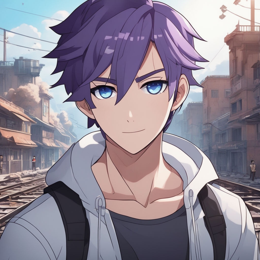 anime boy with purple hair and blue eyes