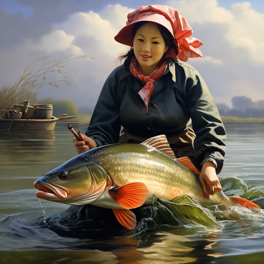 woman big happy eyes caricature on the bank of a river holding the fishing  rod in his hands while catching a fish - Playground