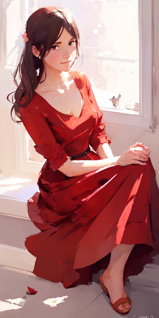 anime girl in a long red dress