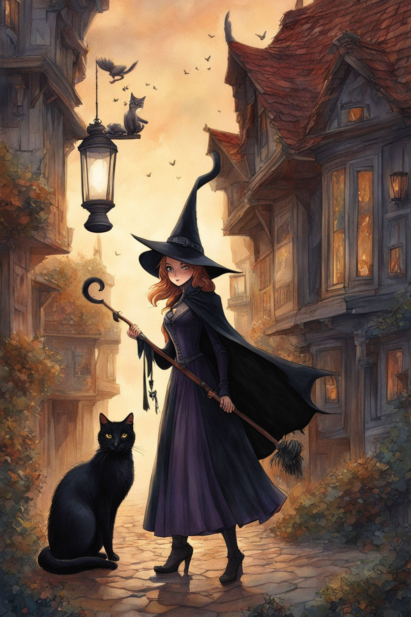 Wicked old witch on a broom with a black cat - Playground
