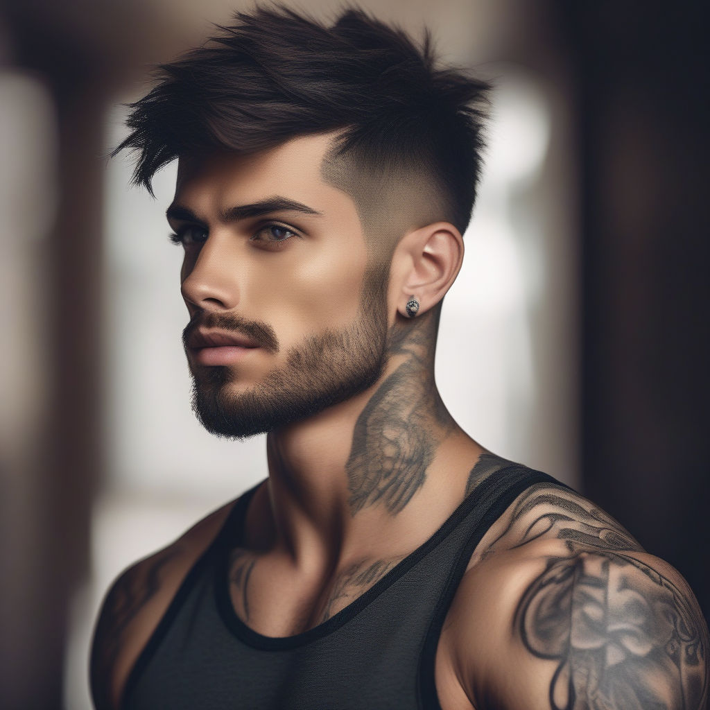 Handsome fashionable young guy with stylish hair and tattoo on his arm  posing in a studio. Stock Photo by fxquadro