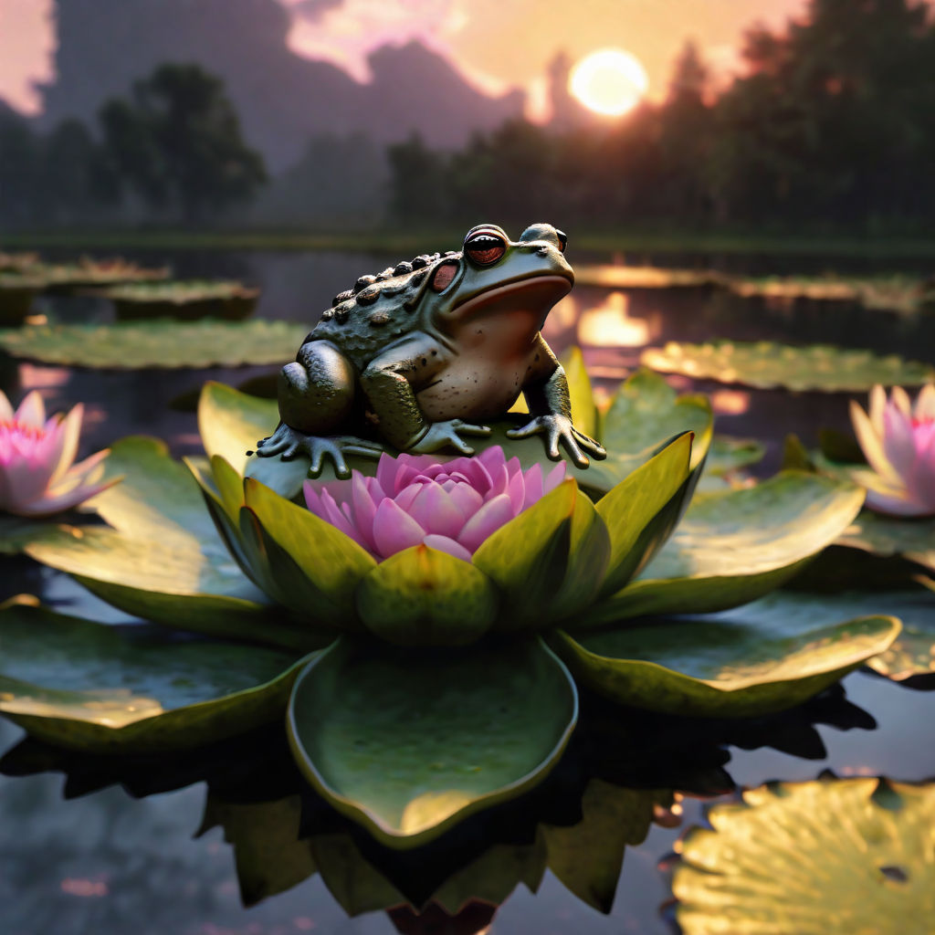 Enchanting Fairy Riding a Pink Frog on a Tranquil Pond