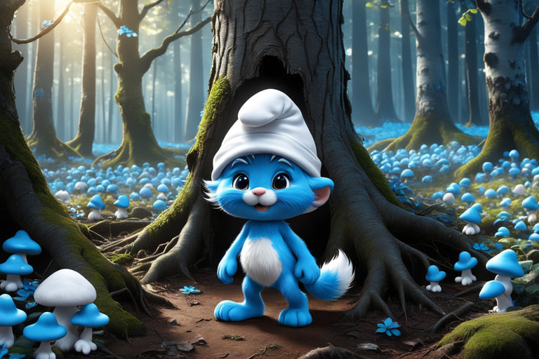 Cat dressed as smurf in the forest