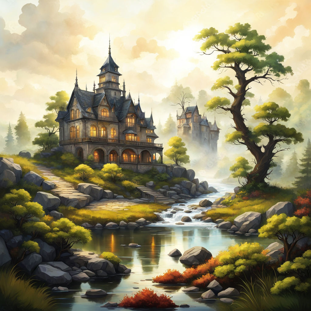 Medieval fantasy castle illustration. Watercolor painting of imaginary  fantastic old castle. Old town of the king. Fortress with stone walls.  Magic city filled with adventure and magician. Concept art Stock  Illustration