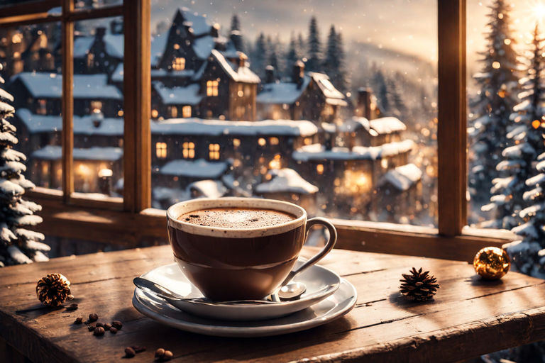 Hot Coffee cup on a frosty winter day window background