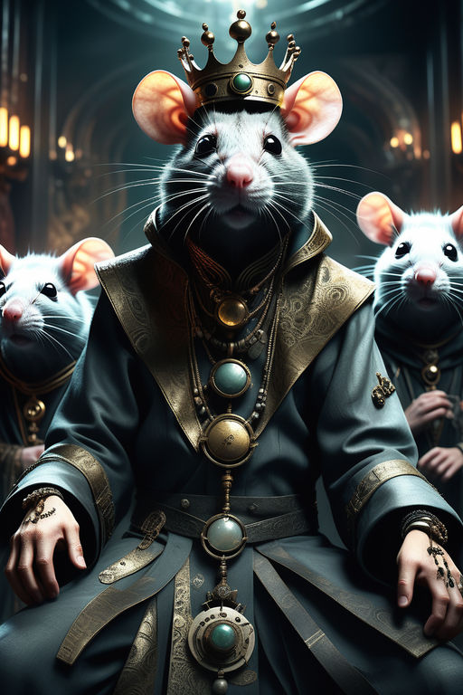 elegant-pony473: large swarm of rats being controlled by an ominous hooded rat  king with jeweled crown and health inspector badge