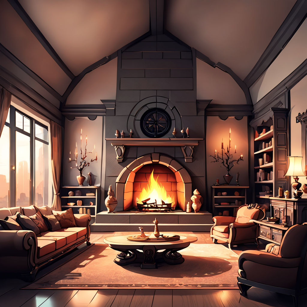 ArtStation - Living room with fireplace. Anime background.