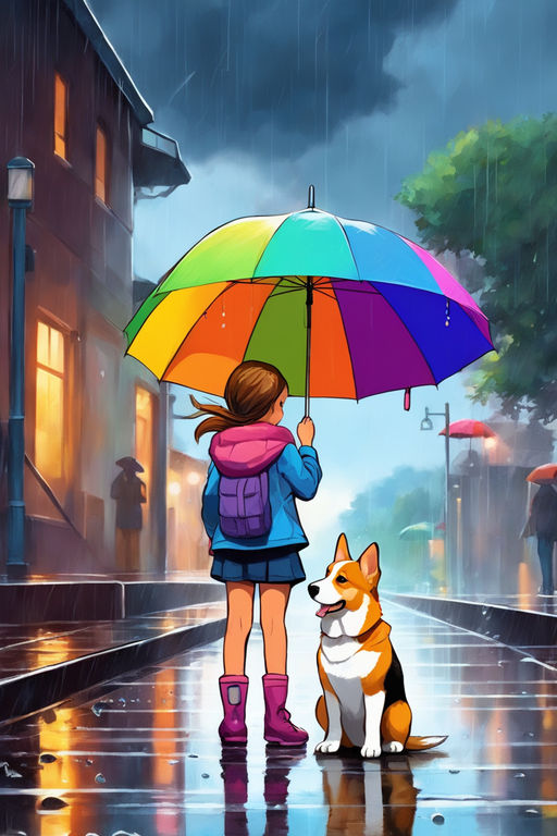 lonely girl in rain with umbrella rainbow