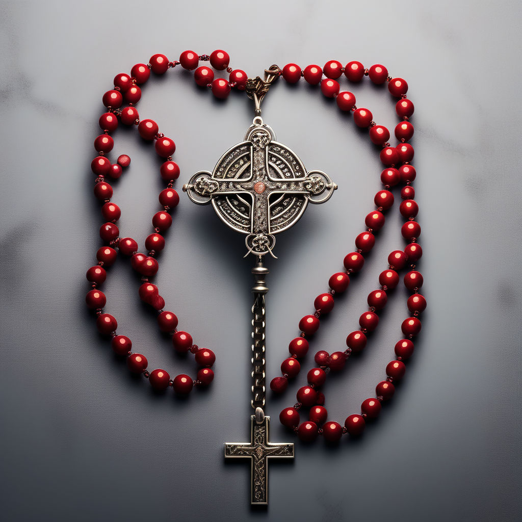 a rosary. The lines of the rosary form an oval shape. The beads are red.  They are front-facing - Playground